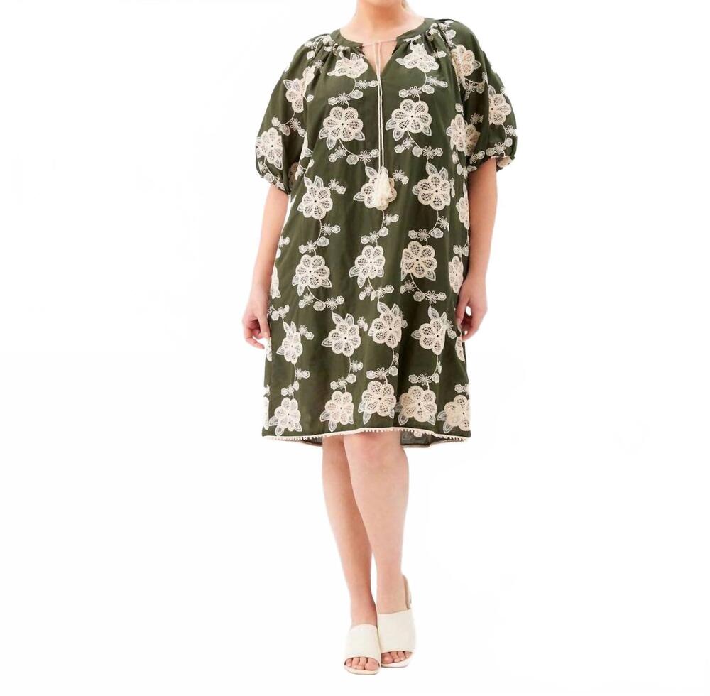 NEW KAREN KANE puff sleeve tassel dress - plus size in olive and natural